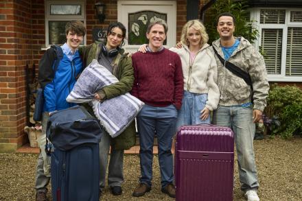 (L-R: James (Harry Baxendale), Zahra (Yasmin Al-Khudhairi), Bill (Rob Brydon), Hettie (Ada Player), Christian (Dylan Brady) image Rob Baker Ashton.