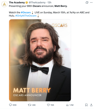 Matt Berry To Be Oscars Announcer